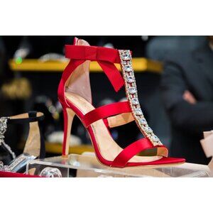 Red Satin High Heel Sandals W/ Rhinestone Straps & Bow Detail Back Zipper Closur